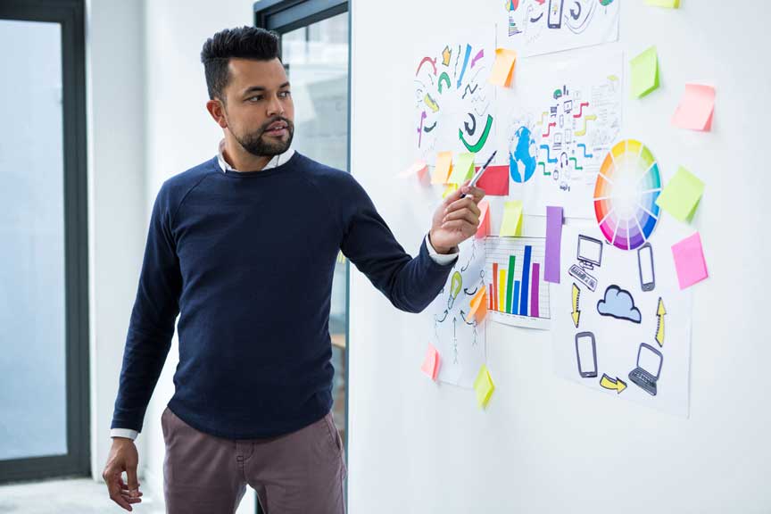 Manager presents in front of a whiteboard