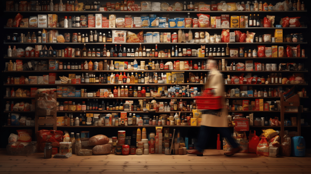 man walking through an overstocked grocery store